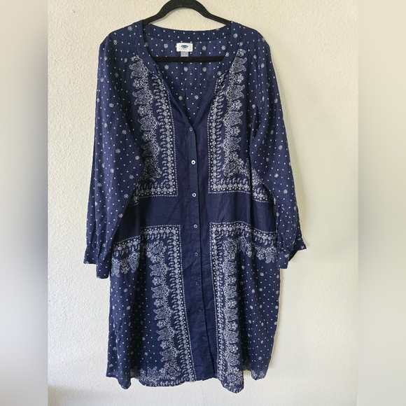 Old Navy Bandana Print Dress Womens Sz 18 Plus Boho Blue Button Up Preppy - Picture 3 of 11
